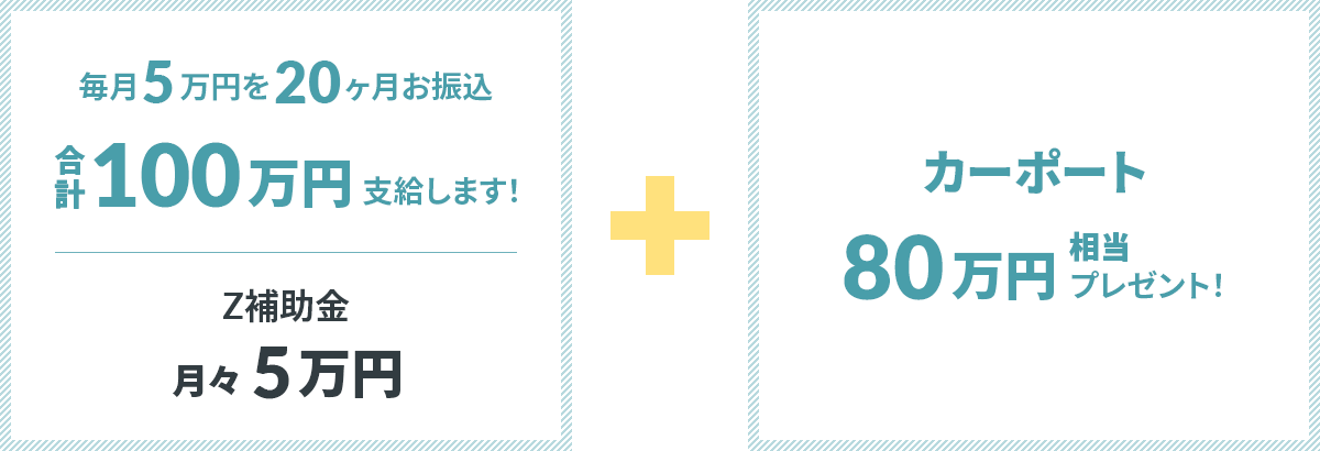 毎月5万円を20ヶ月お振込 合計100万円支給します！Z補助金月々5万円 + カーポート80万円相当プレゼント！