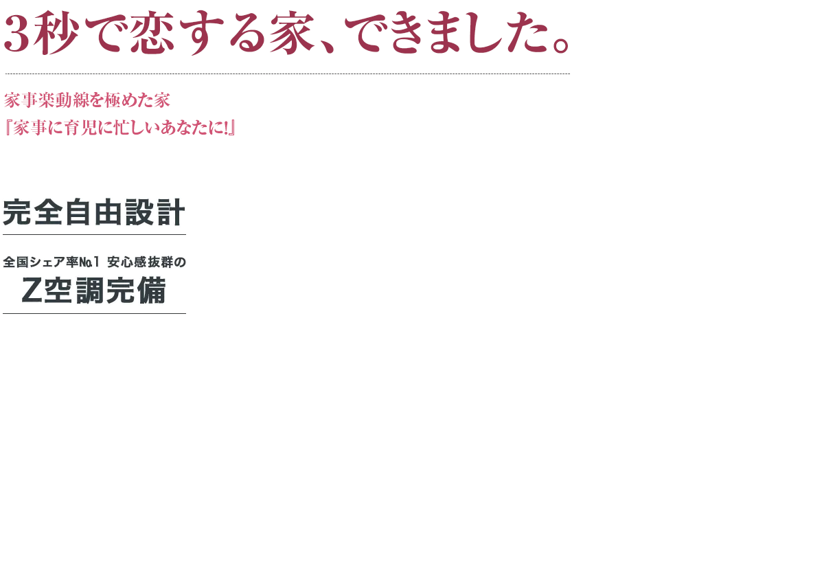 3秒で恋する家、できました。家事楽動線を極めた家『家事に育児に忙しいあなたに！』 完全自由設計 全国シェア率No.1 安心感抜群のZ空調完備