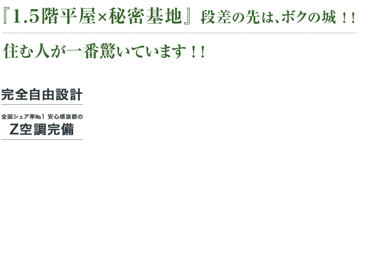 『1.5階平屋×秘密基地』段差の先は、ボクの城！住む人が一番驚いています！！ 完全自由設計 全国シェア率No.1 安心感抜群のZ空調完備
